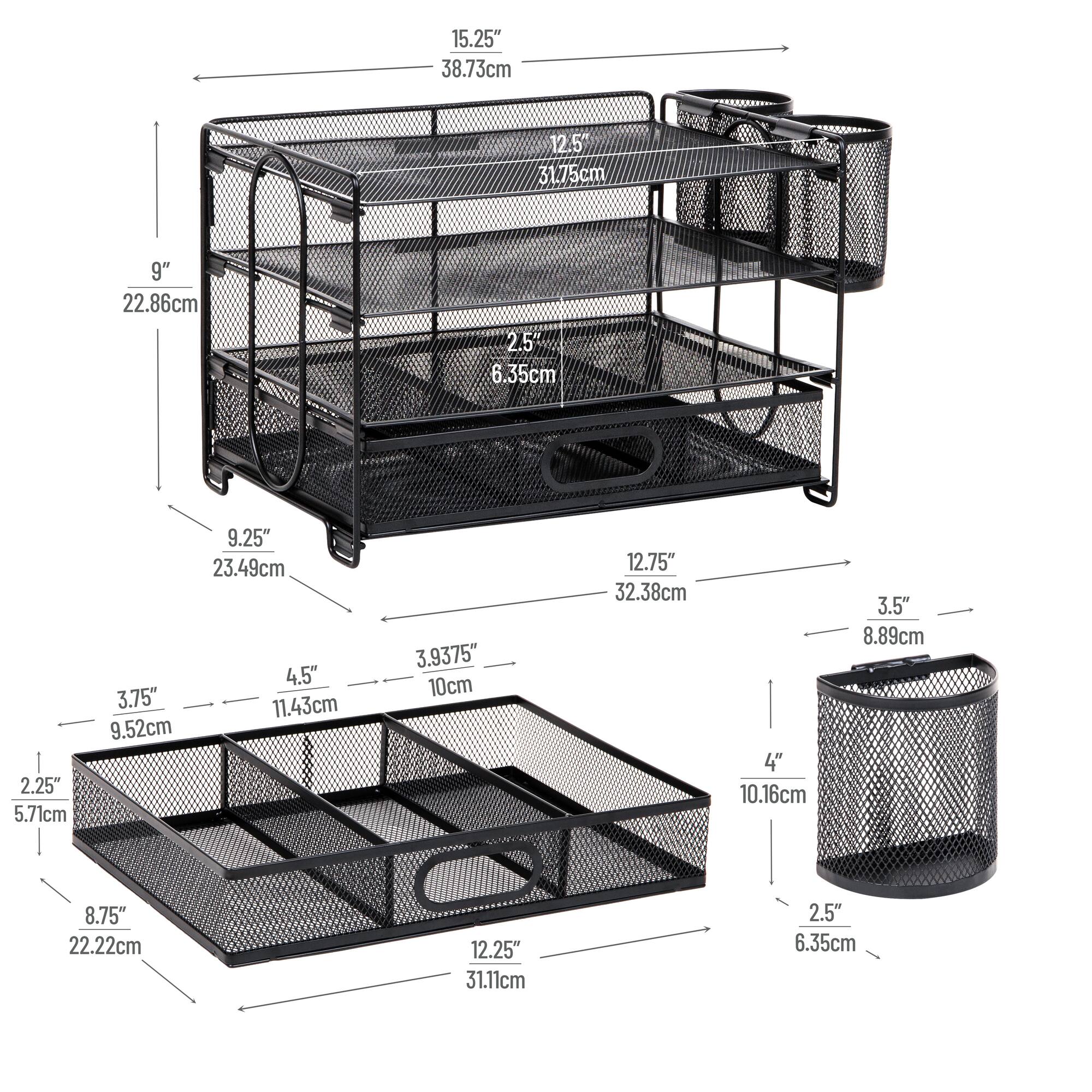 Mind Reader Mesh Desk Organizer, 3 Trays, 1 Drawer, 2 Pen Holders, Office Desktop Organizer, Metal Mesh